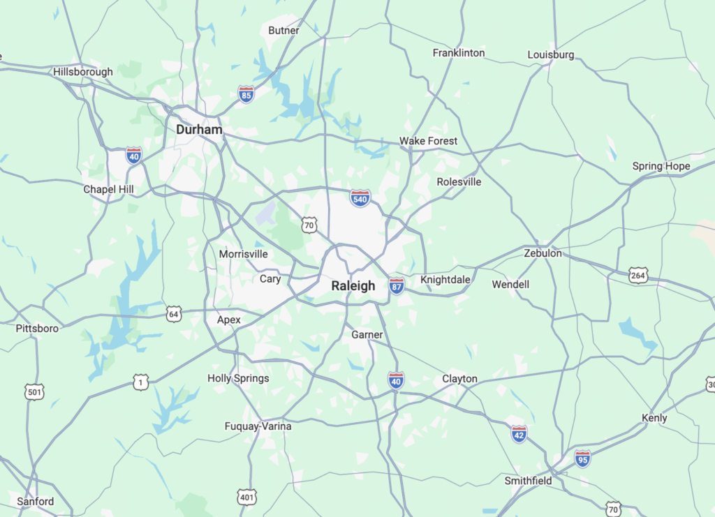 Pest control service area map covering Raleigh, Cary, Durham, Chapel Hill, Apex and surrounding Triangle cities