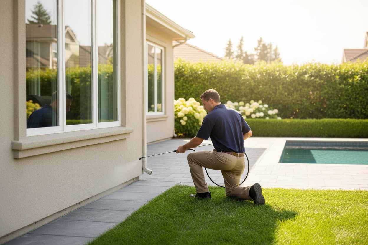 Licensed pest control technician treating home exterior in Raleigh NC